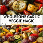 Baking tray filled with garlic roasted vegetables ideal for Sheet Vegetable Recipes and Filling Veggie Meals.